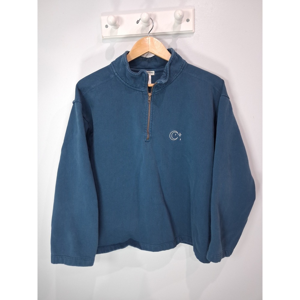 Earthbound Trading Co Teal Blue Celestial Moon Star Quarter Zip Sweatshirt S/M